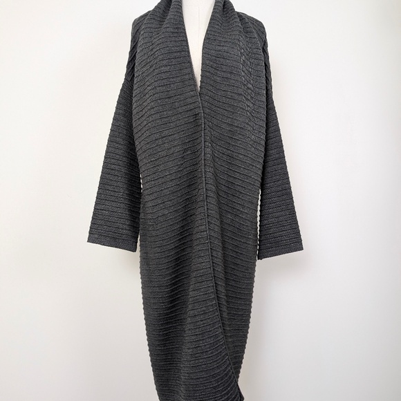 Luukaa Anthracite Wool Duster Long Cardigan Wide Sleeve Maxi Button Closure - Picture 4 of 12